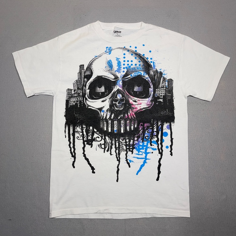 Carbon Skull Cityscape Graphic Shirt Men Medium Regular White Short Sleeve Skate